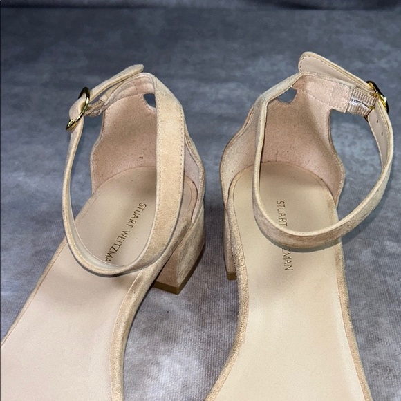 EUC Stuart Weitzman Elegant Tan Women's Sz US 9B Block Heel Sandals Nude Suede - Picture 12 of 14